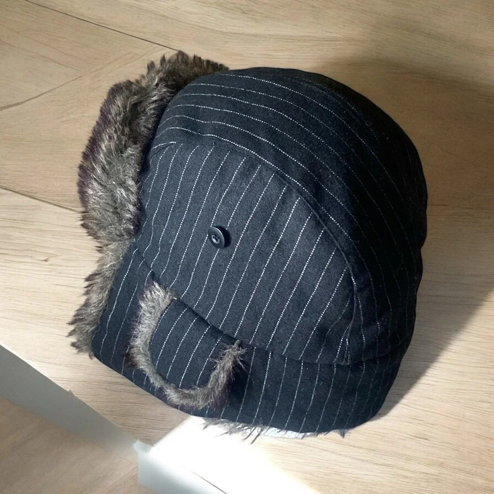 Trappers Hat Wool Pinstripe Fur Trappers Hat Size 2XL-3XL Black